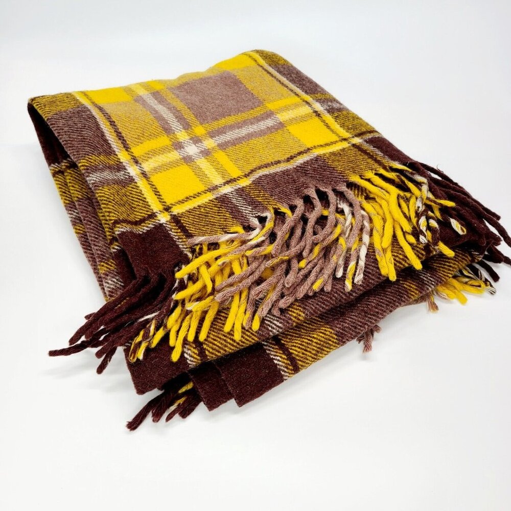 Vintage Faribo Fluff Loomed Wool Plaid Throw Blanket Yellow Brown 51x50 USA Fall